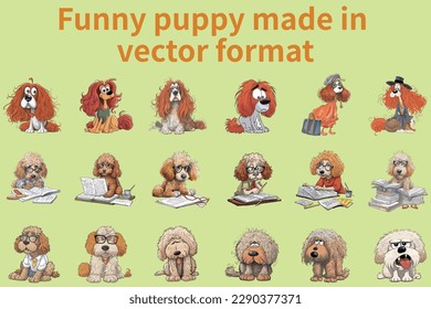 This is a collection of vector images featuring amusing facial expressions and poses of various types of puppies. 
The images are created using vector graphics software and can be easily resized witho