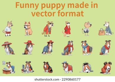 This is a collection of vector images featuring amusing facial expressions and poses of various types of puppies. 
The images are created using vector graphics software and can be easily resized witho