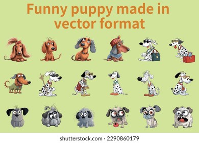 This is a collection of vector images featuring amusing facial expressions and poses of various types of puppies. 
The images are created using vector graphics software and can be easily resized witho