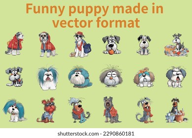 This is a collection of vector images featuring amusing facial expressions and poses of various types of puppies. 
The images are created using vector graphics software and can be easily resized witho