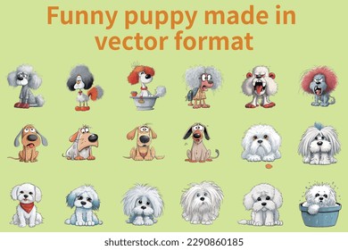 This is a collection of vector images featuring amusing facial expressions and poses of various types of puppies. 
The images are created using vector graphics software and can be easily resized witho