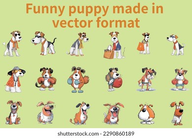 This is a collection of vector images featuring amusing facial expressions and poses of various types of puppies. 
The images are created using vector graphics software and can be easily resized witho