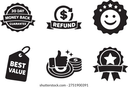 This collection visually emphasizes strong customer protection and excellent value. These icons are suitable for building consumer trust and showcasing generous policies like money-back guarantees and reward systems.