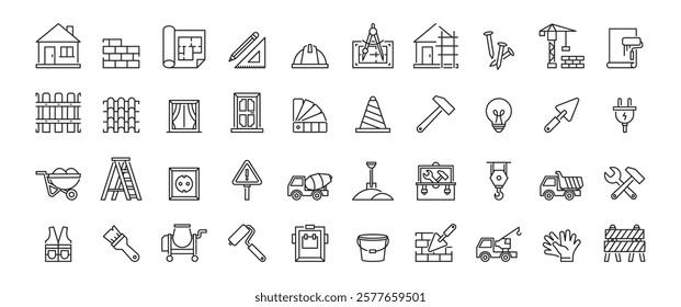 This collection of welldesigned construction line icons showcases essential tools and elements of the construction industry, making it a valuable resource for engineering and architectural projects