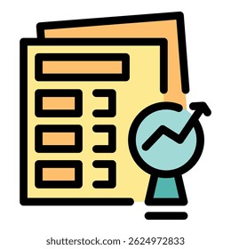 Este ícone colorido que representa um analista que analisa um relatório financeiro com uma lente de aumento mostrando uma seta de crescimento é perfeito para desenvolvedores e designers