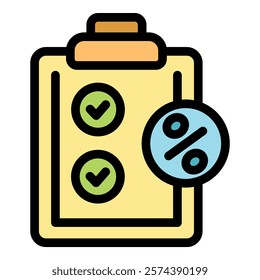 This color icon represents affiliate marketing with a clipboard showing a percentage symbol for commission