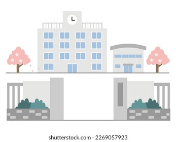 Esta es una ilustración en color de una escuela y flores de cerezo en la ceremonia de entrada.  Las palabras japonesas en la ilustración significan "ceremonia de entrada"