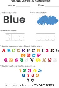 This color learning worksheet focuses on the color "Blue." It includes activities for learning the color name, practicing tracing it in both uppercase and lowercase, identifying blue-colored letters, 