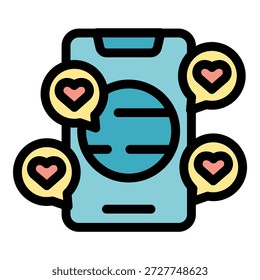 Este ícono de Vector de color que muestra un teléfono inteligente con un globo terráqueo y corazones es ideal para proyectos relacionados con las redes sociales, la comunicación global y las comunidades en línea