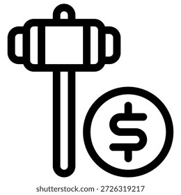 This colored flat icon illustration depicts a wooden judge's gavel next to a glowing yellow coin marked with a dollar sign, clearly representing themes of auction, financial law, judicial decisions, business ruling, and corporate justice.