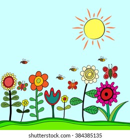 This is a colored illustration with flowers, butterflies and bees