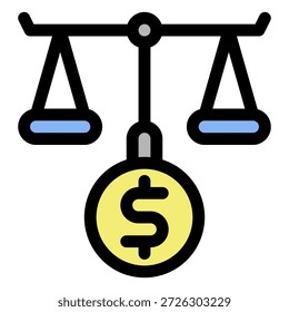 Este ícone colorido do esboço ilustra uma escala de equilíbrio clássico com uma moeda de símbolo de dólar no centro, representando efetivamente conceitos cruciais como saldo financeiro, análise de custo ou avaliação monetária crítica.