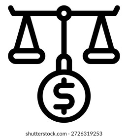 Este ícone colorido do esboço ilustra uma escala de equilíbrio clássico com uma moeda de símbolo de dólar no centro, representando efetivamente conceitos cruciais como saldo financeiro, análise de custo ou avaliação monetária crítica.