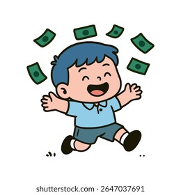 Este desenho animado colorido mostra um jovem feliz pulando de emoção enquanto as notas de dinheiro verde caem em torno dele.