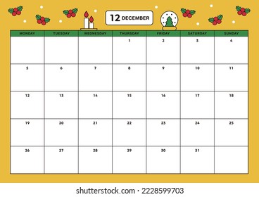 This is a colorful and cute Christmas concept December 2022 calendar template design.