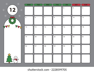 This is a colorful and cute Christmas concept December 2022 calendar template design.
