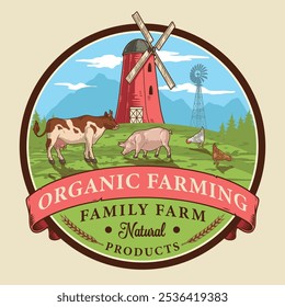 This colorful design features a windmill, barn, and various farm animals, highlighting the essence of organic farming and natural products in a pastoral landscape.