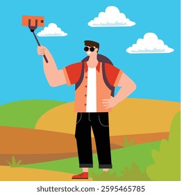 This  is a colorful digital illustration of a candid  traveler taking a selfie with a scenic outdoor background.