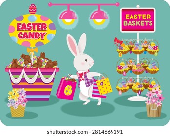 This colorful Easter shopping vector illustration features a cheerful festive marketplace scene with a cute cartoon white rabbit character carrying shopping bags, surrounded by Easter candies, decorated eggs, gift baskets, and floral arrangements. The artwork represents Eastertide celebrations, holiday shopping, spring festivals, family traditions, and seasonal gift ideas through a bright and playful cartoon design.

The illustration showcases an adorable anthropomorphic white rabbit standing at the center of the scene. The rabbit wears a stylish patterned vest and elegant bow tie, creating a charming and festive appearance. Carrying two colorful shopping bags, the rabbit represents the joy of Easter purchasing, gift selection, and holiday preparation. The character adds a friendly and welcoming feeling, making this design suitable for children’s products, seasonal promotions, greeting cards, advertisements, and creative marketing materials.

On the left side of the illustration, an “Easter Candy” stall displays a variety of sweet treats, including chocolate bunnies, colorful candies, and festive confectionery items. The candy shop represents traditional Eastertide celebrations where families and children enjoy delicious holiday sweets. The detailed display creates a fun purchasing atmosphere and highlights the excitement of choosing special treats for Eastertime celebrations.

On the right side, an “Eastertide Baskets” rack features beautifully decorated baskets filled with colorful Eastertime eggs, flowers, and seasonal decorations. Eastertime baskets are an important symbol of the festival, often used for gifting, egg hunts, and family activities. The illustration captures the tradition of preparing thoughtful gifts and celebrating the arrival of spring.

The scene includes a variety of decorative Eastertide elements such as:

Chocolate Eastertime bunnies
Vibrant decorated eggs
Gift baskets
Spring flowers
Candy displays
Festival purchasing bags
Seasonal decorations
Festive marketplace elements