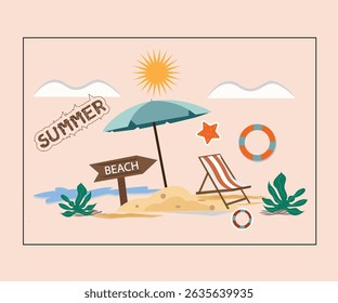 This colorful EPS vector illustration features a summer beach scene with a striped beach chair, umbrella, sandy dunes, starfish, lifebuoys, and tropical plants under a bright sun and soft sky. 