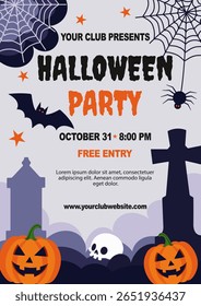 This colorful and festive Halloween party invitation sets the scene for a spooky celebration. Featuring pumpkins, bats, and spiders, it's perfect for attracting friends to enjoy a night of fun and fri