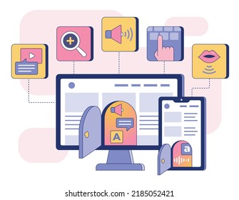 This colorful flat illustration depicts digital accessibility, a design of technology products or environments helping people with various disabilities use of the service, product or function