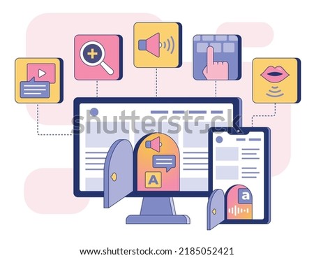 This colorful flat illustration depicts digital accessibility, a design of technology products or environments helping people with various disabilities use of the service, product or function