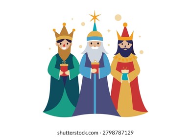 This colorful flat illustration showcases the three wise men carrying golden gifts for the nativity scene. Each royal figure wears a crown and vibrant robe under a shining star for the holy holiday.