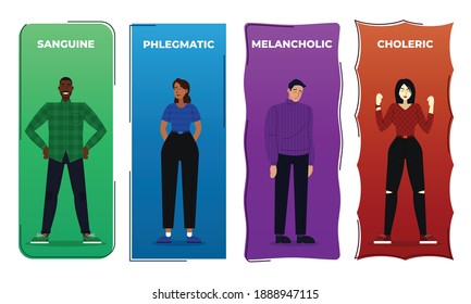 This colorful flat illustration shows the four fundamental personality types: sanguine, choleric, melancholic, and phlegmatic