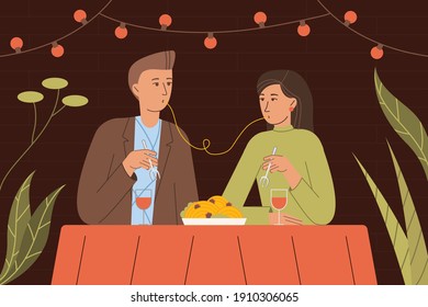 This colorful flat illustration shows a beautiful couple of people in love having dinner in a romantic setting