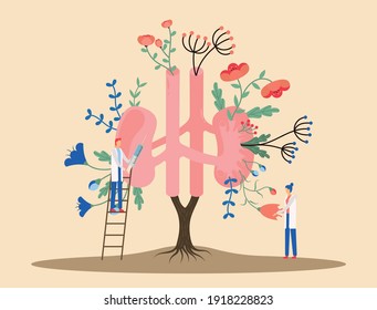 This colorful flat illustration shows an abstract human kidneys, funny tiny persons help it grow and be healthy