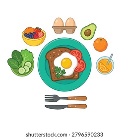 This colorful flat vector illustration shows a healthy breakfast including a fried egg on toast, fruit berries, salad, avocado, orange juice and eggs.