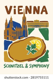 This colorful flat vector illustration features a classic breaded schnitzel with lemon garnish alongside stylized historic European city landmarks. The design uses a vintage poster aesthetic to highlight cultural heritage and culinary traditions, ideal for travel marketing or food blogs.