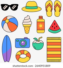 This colorful flat vector set includes 12 essential summer items, perfect for your holiday, beach, and vacation-themed designs. Features sunglasses, sunblock, surfboard, tropical drinks, and more.