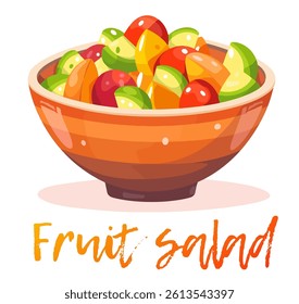 This colorful fruit salad features a mix of ripe fruits presented in a charming bowl. Vibrant colors emphasize freshness and appeal, perfect for a healthy snack or dessert