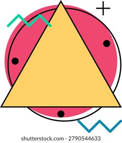 This colorful graphic features a bold yellow triangle layered over a pink circle in a classic Memphis design style. Accompanied by teal and blue zig-zag lines, black dots, and a cross symbol, this minimalist abstract composition evokes a nostalgic nineteen eighties retro aesthetic ideal for modern branding and creative projects.