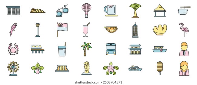 This colorful icon set features various aspects of singapore, including its famous landmarks, delicious cuisine, and unique culture