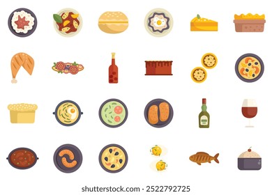 This colorful icon set features popular dishes and drinks of portugal