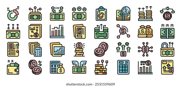 This colorful icon set illustrates various aspects of money increasing, financial growth, and wealth accumulation