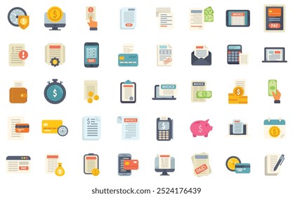 This colorful icon set shows different concepts related to online payment, invoice, and finance management