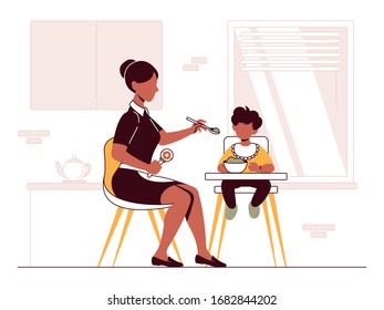 This colorful illustration depicts a babysitter, she is spoon-feeding a small child sited on a tall chair