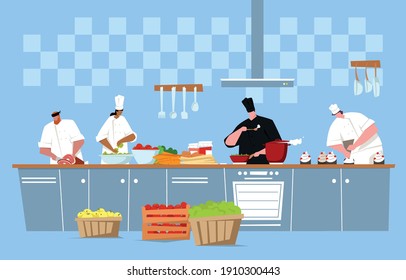 This colorful illustration depicts the cute and funny chief cooker and his assistants as they are in the kitchen creating delicious delicacies