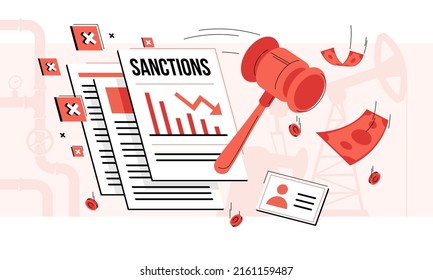 This colorful illustration depicts economic sanctions - political and economic decisions to protect international law, and defend against threats to international peace and security