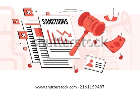 This colorful illustration depicts economic sanctions - political and economic decisions to protect international law, and defend against threats to international peace and security