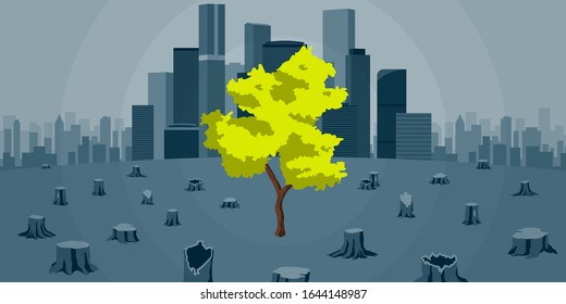 This colorful illustration depicts a felled forest, in which only one tree remains, the growing city devoured and destroyed the forest leaving only tree stumps behind