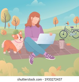 This colorful illustration depicts a freelance, young woman working in the park while walking her cute pet