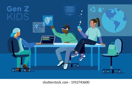 This colorful illustration depicts Gen Z children, modern children who can and know how to use digital gadgets, Internet, virtual reality and other modern technologies 