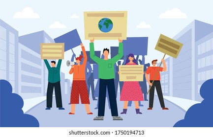 This colorful illustration depicts a group of people who are protesting, they are holding placards and flags