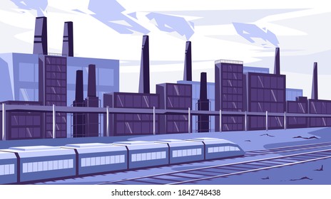 This colorful illustration depicts the industrial area of ​​the city, you can see the chimneys of plants and factories from which smoke is coming, a train is moving along the railway