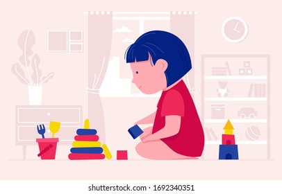 This colorful illustration depicts a little girl playing with cubes in a children's room, different toys are laid out next to the girl